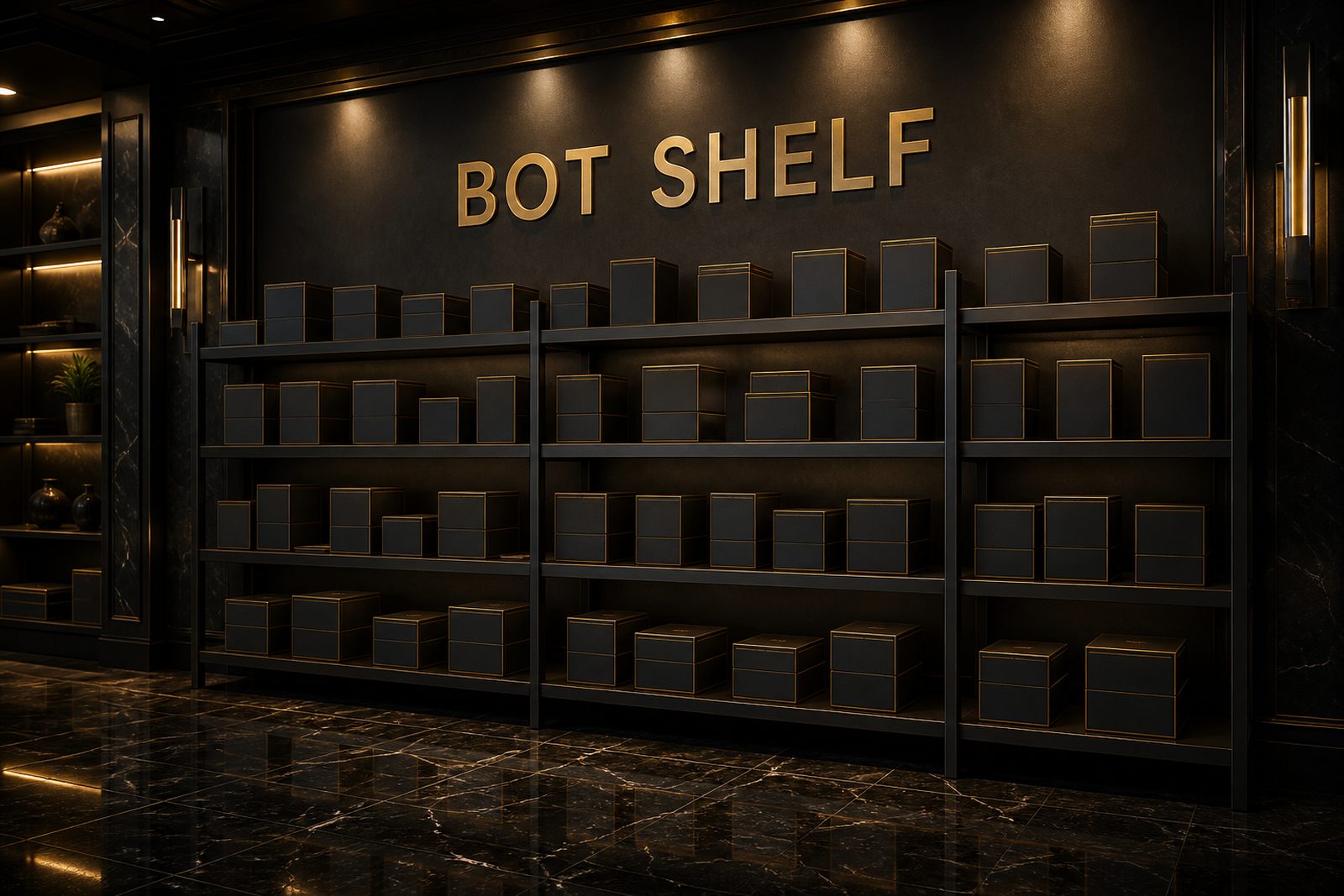 Bot Shelf shop floor, gold letters over black packs